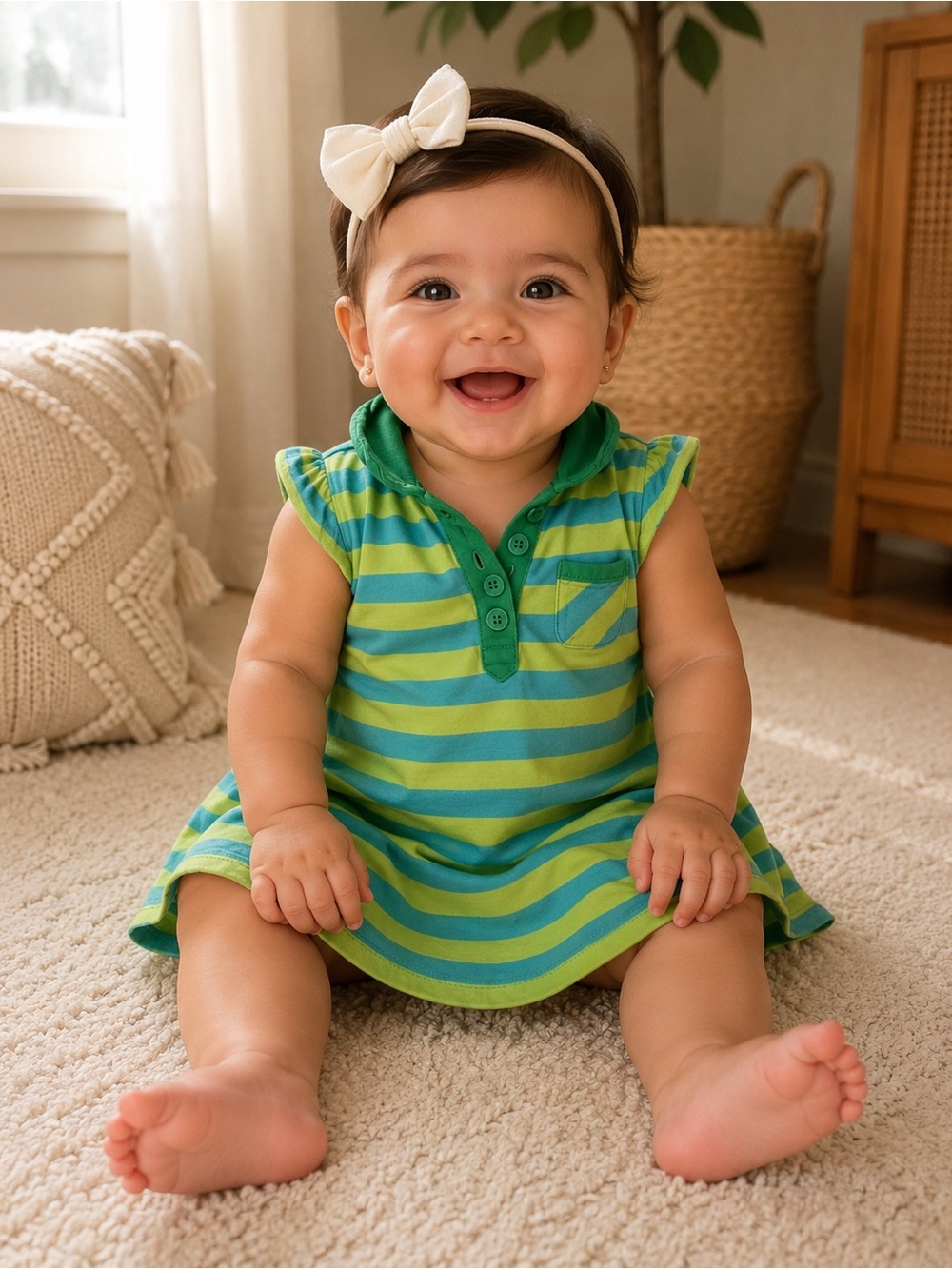 Hanna Andersson Bright Green and Blue Striped Polo One-Piece Size 3T